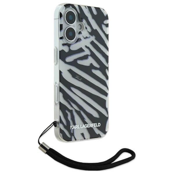 Karl Lagerfeld iPhone 16 - IML Zebra Pattern and Cord - Σκληρή Θήκη με Πλαίσιο Σιλικόνης και Λουράκι - Black - KLHCP16SHZBPKCCK