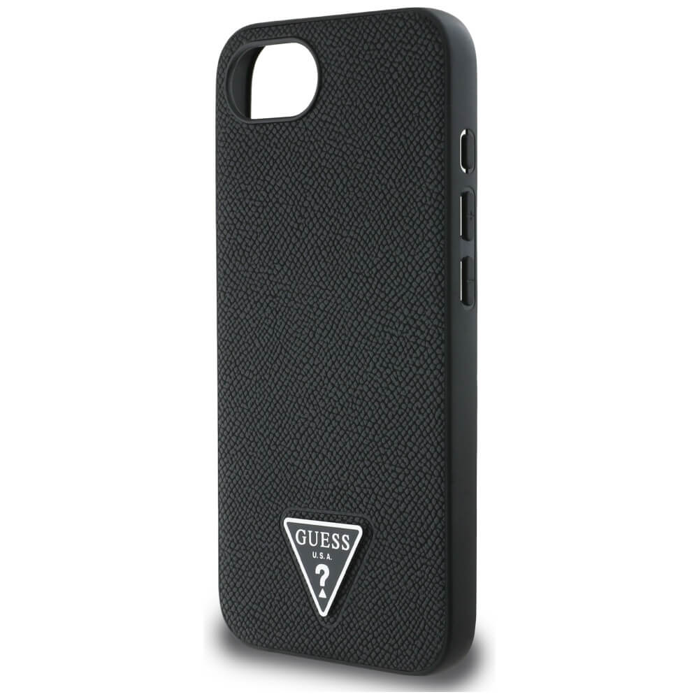 Guess iPhone 16e - Grained Triangle MagSafe - Σκληρή Θήκη με Επένδυση Συνθετικού Δέρματος και Πλαίσιο Σιλικόνης - Black - GUHMPSE4PGTSPSK