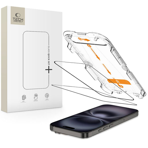 Tech-Protect iPhone 15 / iPhone 16 - Quick Set+ - Σετ με 2 Full Screen Αντιχαρακτικά Γυαλιά Οθόνης και Οδηγό Τοποθέτησης - Black - likebrands.gr