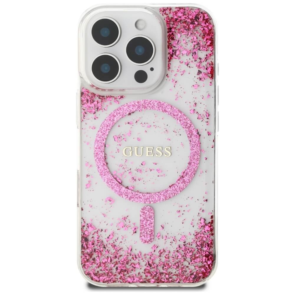 Guess iPhone 16 Pro Max - HC Resin Bottom Glitter - MagSafe Σκληρή Θήκη με Πλαίσιο Σιλικόνης - Pink - GUHMP16XRGRGEP