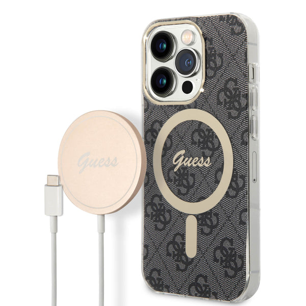 Guess iPhone 14 Pro Max - Bundle Pack MagSafe - Σετ Σκληρή Θήκη με Πλαίσιο Σιλικόνης και Ασύρματος Φορτιστής MagSafe - Design 4G and Gold - Black - GUBPP14XH4EACSK - likebrands.gr