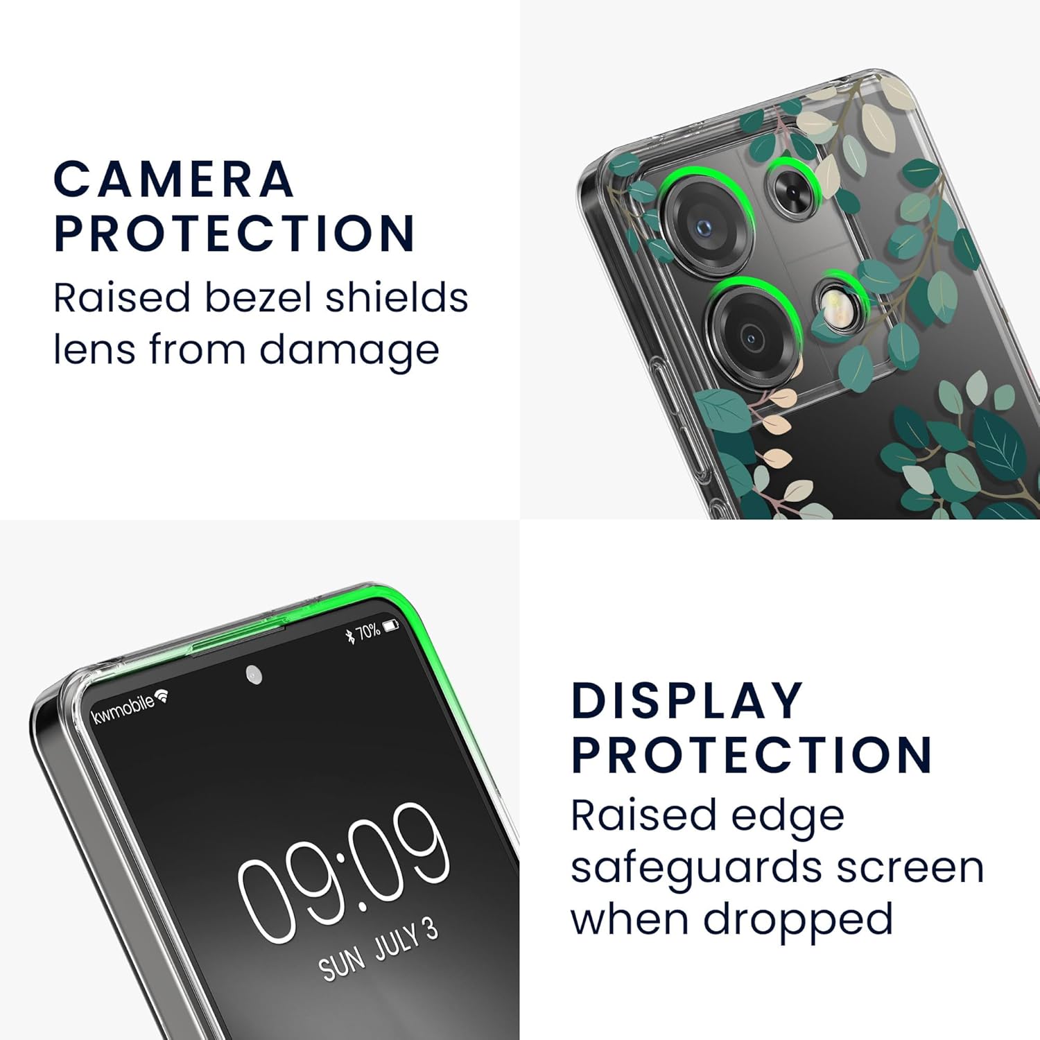 KW Xiaomi Redmi Note 13 5G Θήκη Σιλικόνης TPU με Αντιχαρακτικό Γυαλί - Design Spring Leaves - Green / Διάφανη