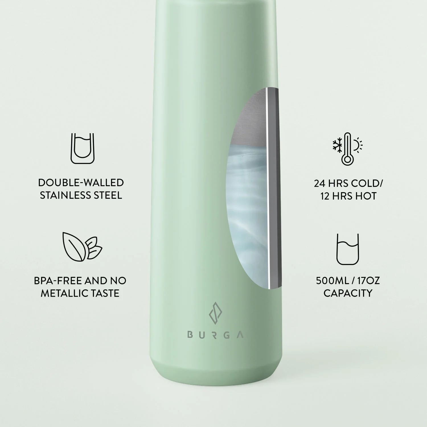 Burga W-BOTTLE Μπουκάλι Θερμός από Ανοξείδωτο Ατσάλι - 500ml - Mint