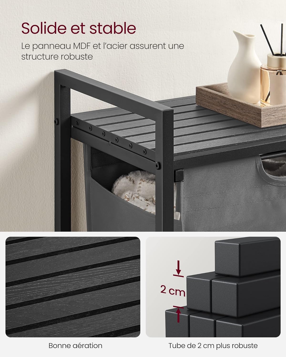 Vasagle Καλάθι Απλύτων με Ράφι - 65L - Black / Grey - BLH101G01