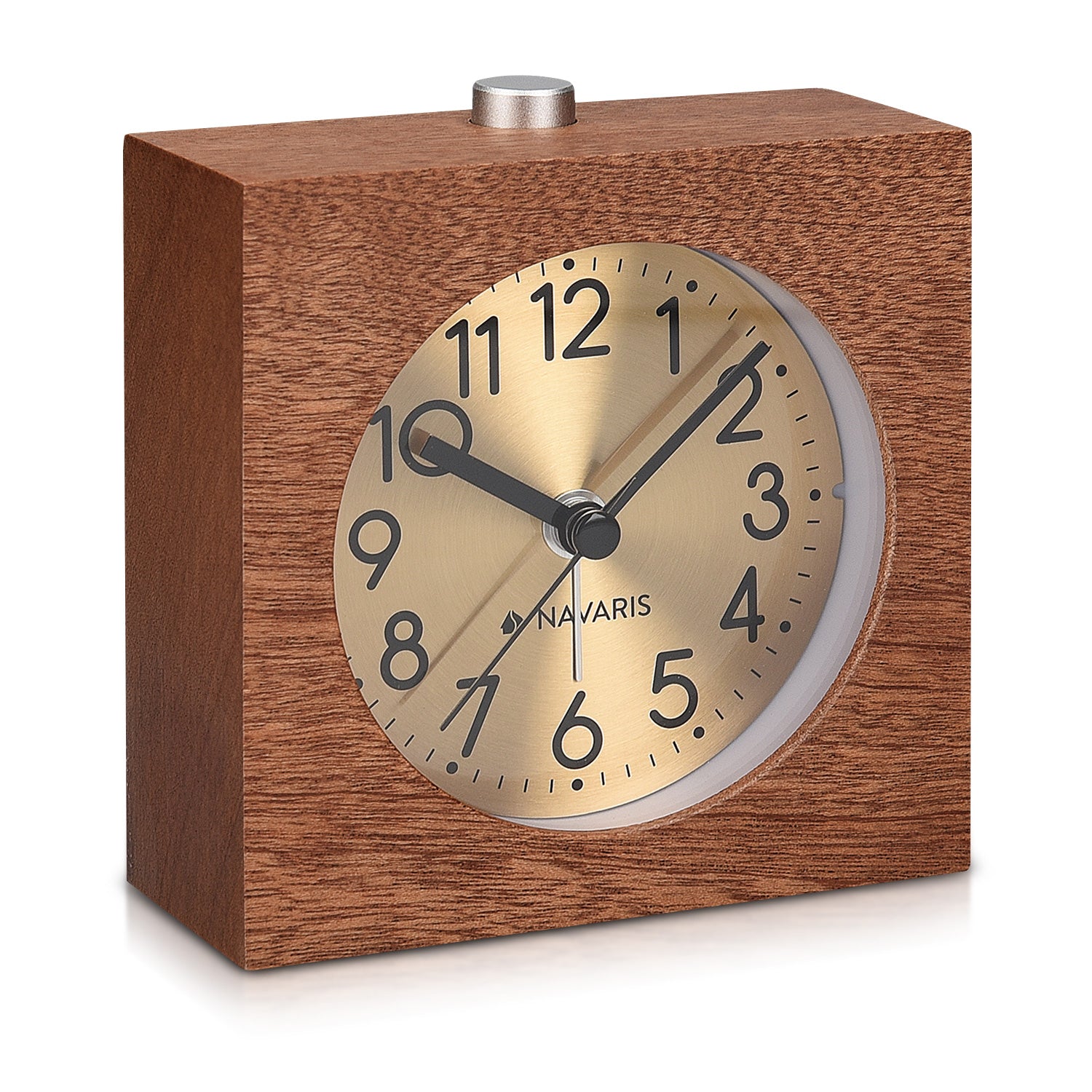 Navaris Analogue Wood Alarm Clock Design Square - Αναλογικό Επιτραπέζιο Ρολόι και Ξυπνητήρι - Gold / Dark Brown - 46229.18