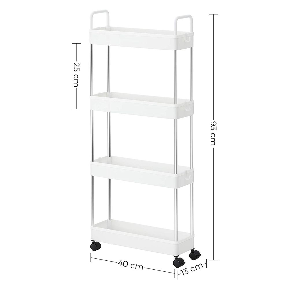 Songmics Πλαστικό Καρότσι Εξοικονόμησης Χώρου για Οργάνωση και Αποθήκευση με 4 Ράφια - 40 x 13 x 93 cm - White - KSC018W01