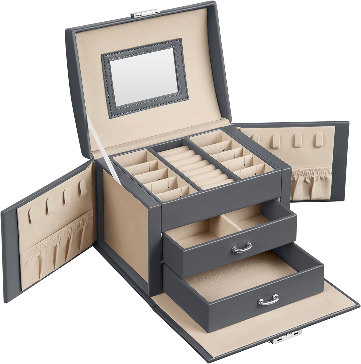 Songmics Φορητό Κουτί Αποθήκευσης Κοσμημάτων με Καθρέπτη και Κλειδαριά - Grey - JBC154G01