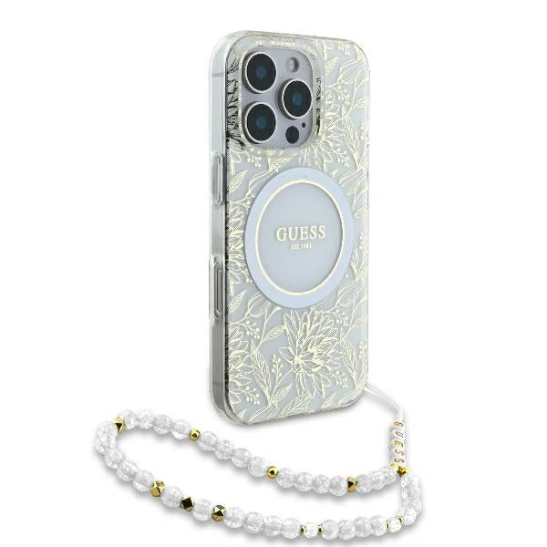 Guess iPhone 16 Pro - IML Flowers Allover Electro With Pearl Strap MagSafe - Σκληρή Θήκη με Πλαίσιο Σιλικόνης και Λουράκι - White / Διάφανη - GUHMP16LHCPOFPH
