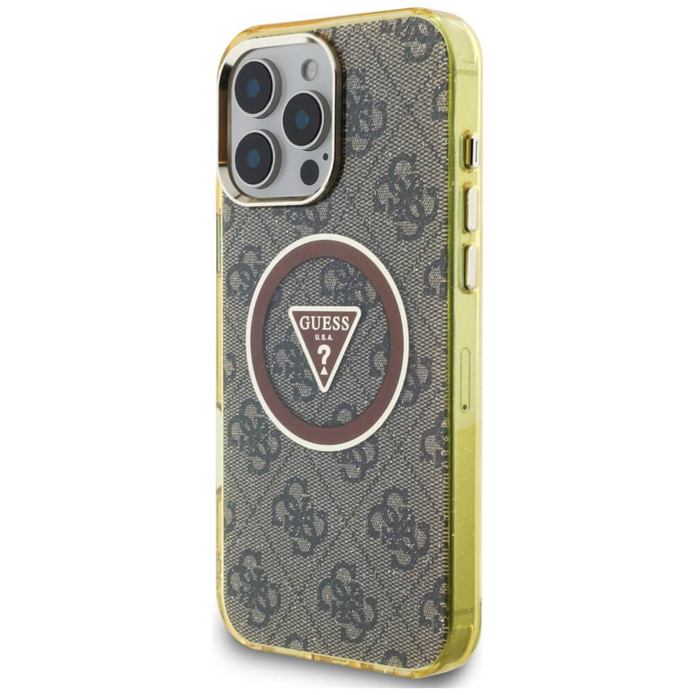 Guess iPhone 16 Pro - IML Metal Glitter 4G Circle Triangle MagSafe - Σκληρή Θήκη με Πλαίσιο Σιλικόνης και MagSafe - Brown - GUHMP16LHG4PRTGW