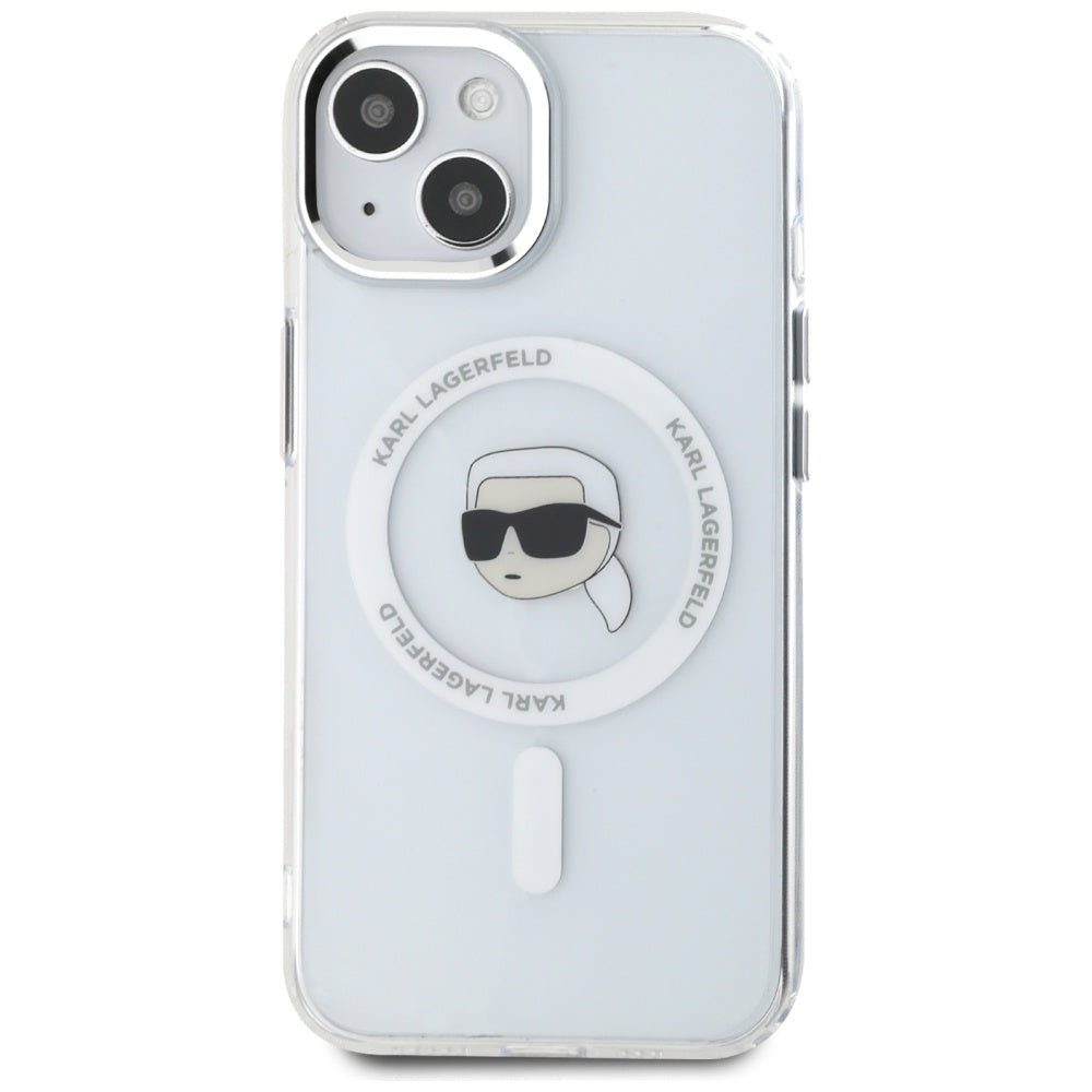 Karl Lagerfeld iPhone 15 - IML Metal Karl Head - MagSafe Σκληρή Θήκη με Πλαίσιο Σιλικόνης - White - KLHMP15SHLSKIH
