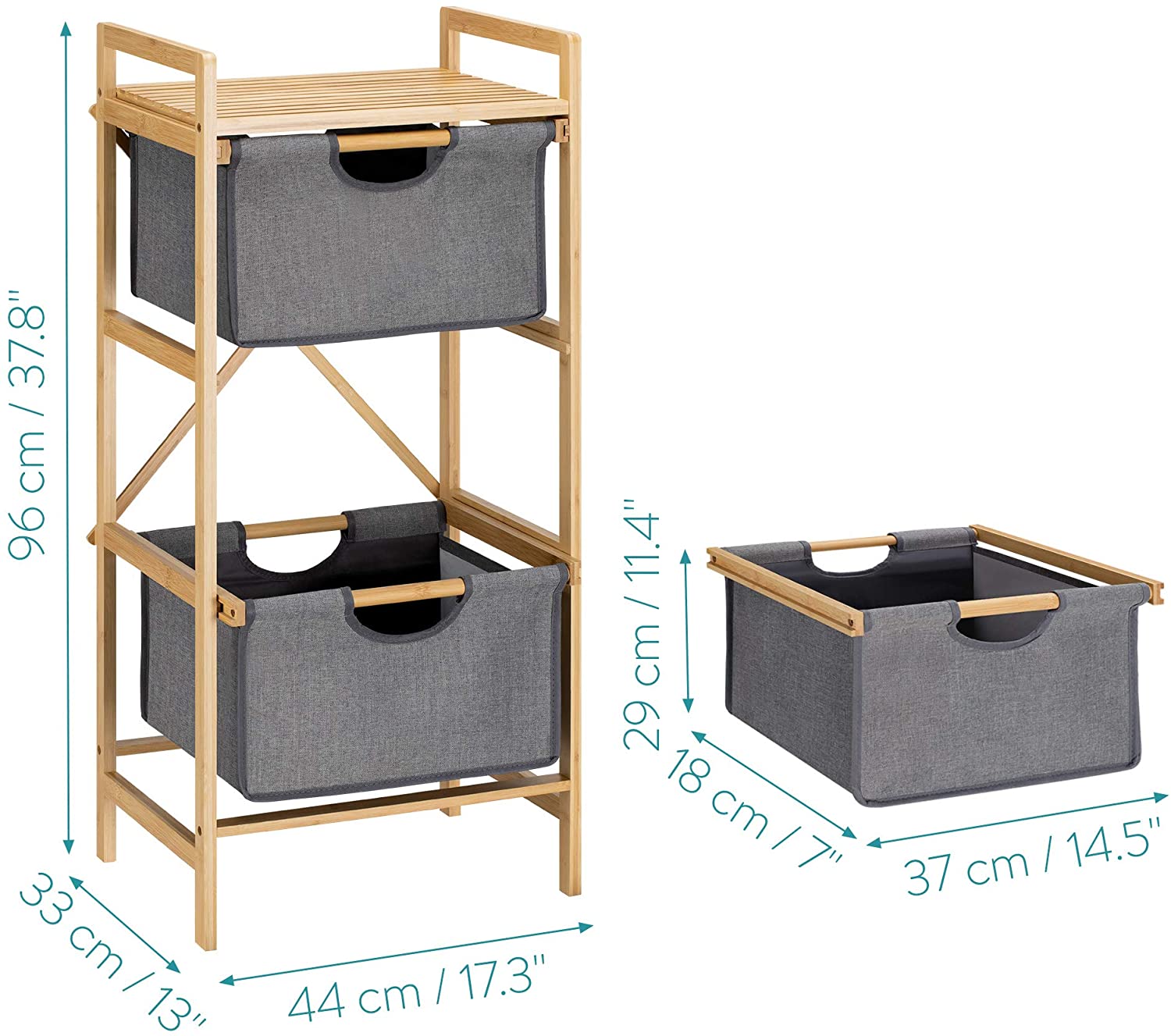 Navaris Καλάθι Απλύτων με 3 Ράφια - Bamboo - Light Brown / Grey - 53427.22