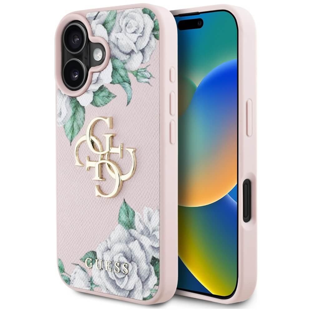Guess iPhone 16 - Grained Roses Big 4G Logo - Σκληρή Θήκη με Επένδυση από Οικολογικό Δέρμα - Pink - GUHCP16SPGROP4MP