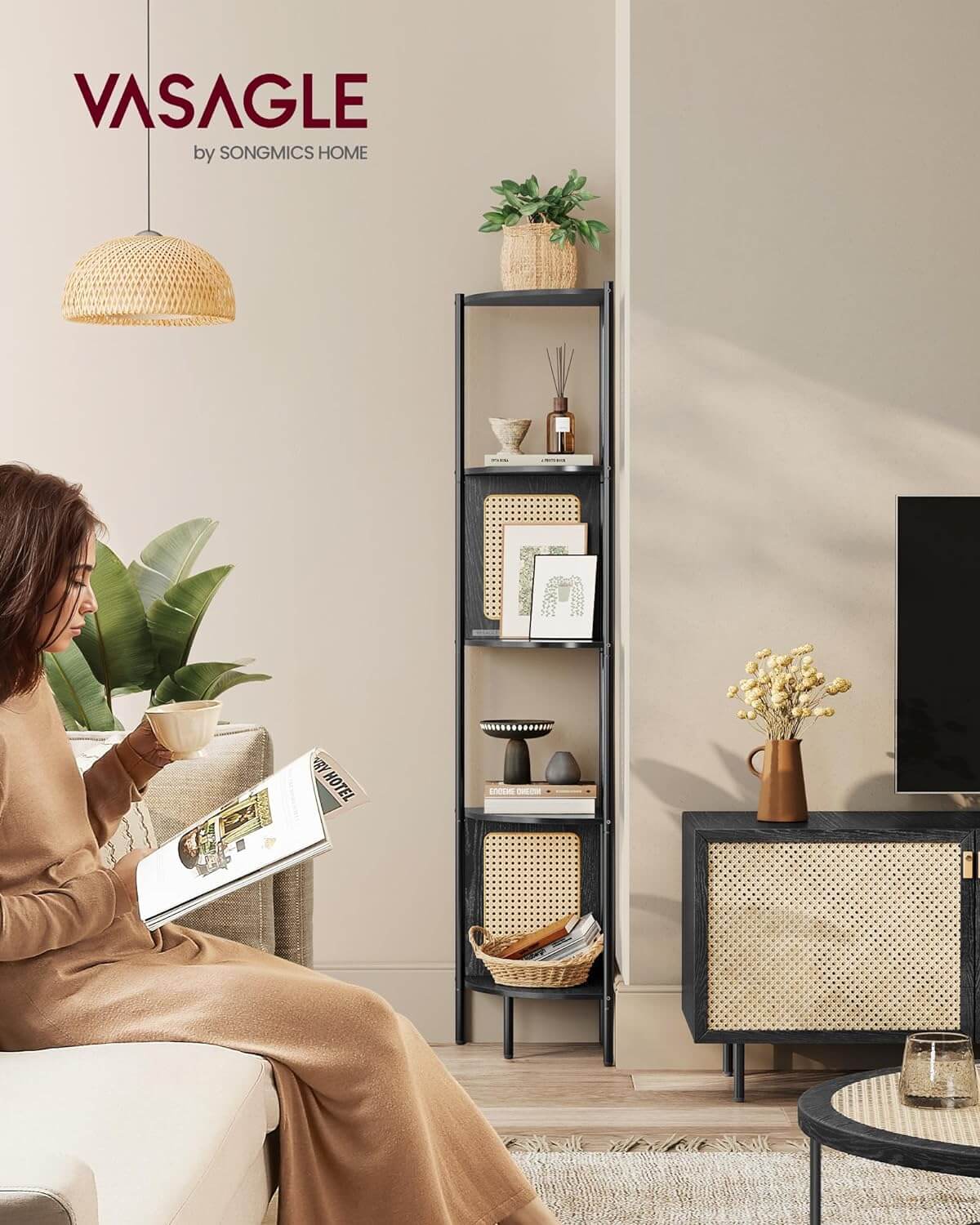 Vasagle Γωνιακή Ραφιέρα 5 Ραφιών με Πλαϊνά Πάνελ από Συνθετικό Rattan και Μεταλλικό Σκελετό - 31.9 x 31.9 x 156.4 cm - Ebony Black - LLS588B56