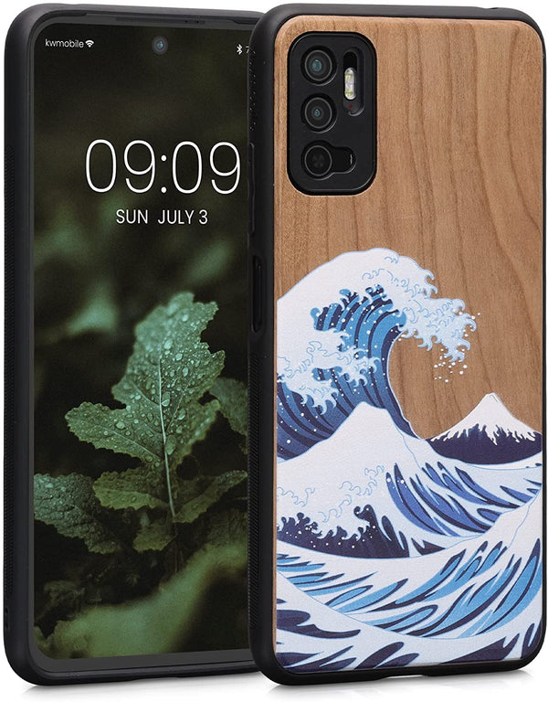 KW Xiaomi Redmi Note 10 5G Θήκη από Φυσικό Ξύλο - Design The Great Wave - Blue / White / Brown- 56792.04