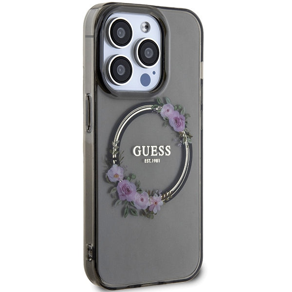 Guess iPhone 15 Pro IML Flowers Wreatch MagSafe Σκληρή Θήκη με Πλαίσιο Σιλικόνης και MagSafe - Black - GUHMP15LHFWFCK
