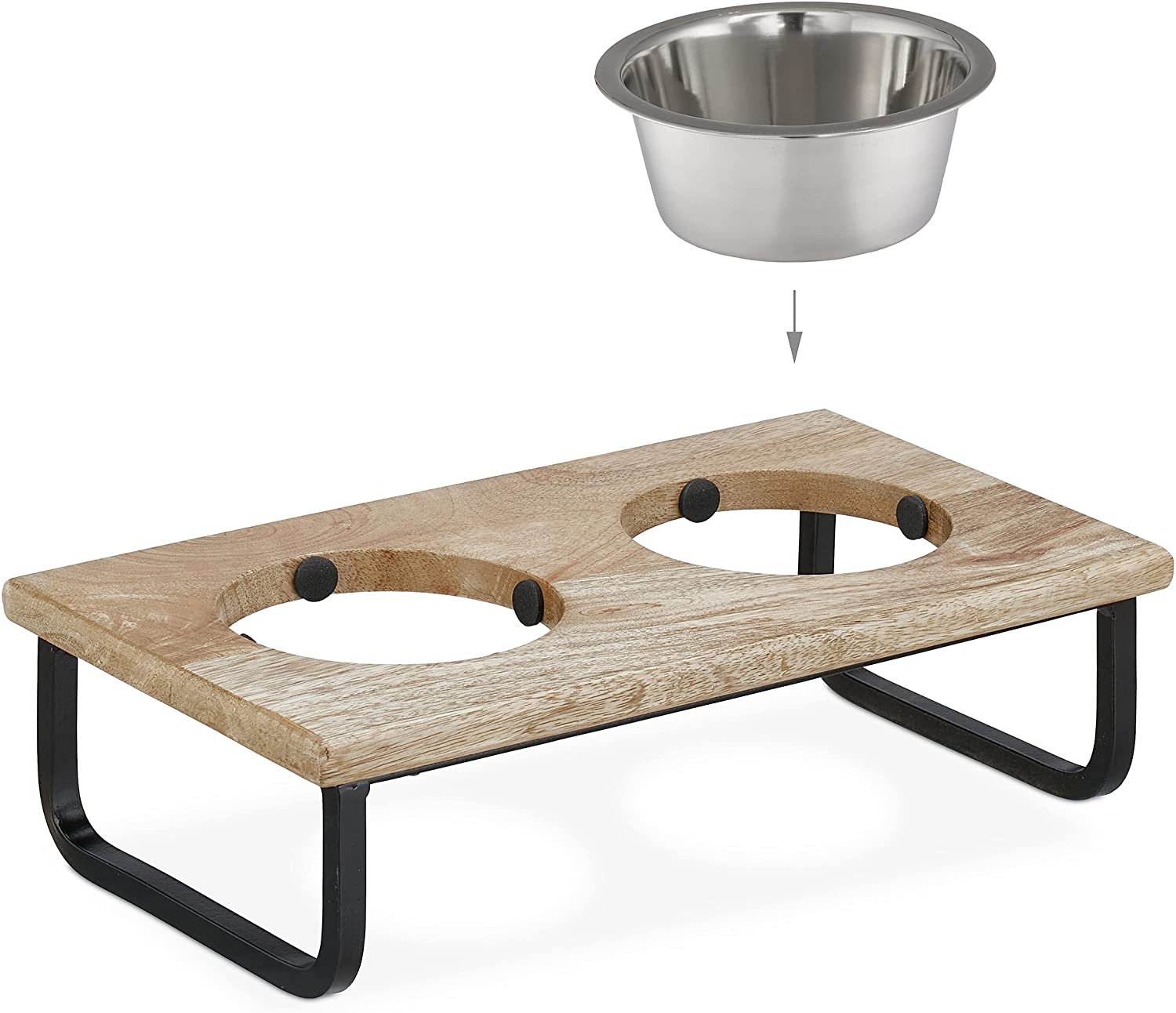 Relaxdays Ξύλινη Βάση από Μάνγκο με 2 Μπολ από Ανοξείδωτο Ατσάλι για Κατοικίδια - 250 ml - Natural / Silver - 4052025373818