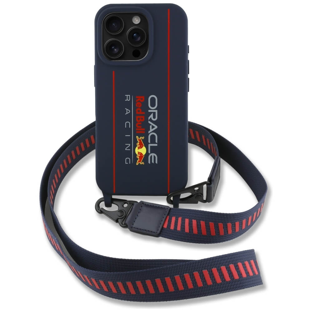 Red Bull iPhone 16 Pro Max - Silicone Strap and Vertical Logo - MagSafe Σκληρή Θήκη με Πλαίσιο Σιλικόνης και Λουράκι - Navy Blue - RBHMP16X24SISOLRV