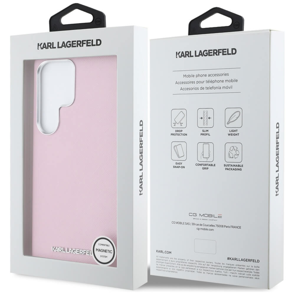 Karl Lagerfeld Samsung Galaxy S25 Ultra - Saffiano Full Wrapped Elongated Metal Logo - MagSafe Σκληρή Θήκη με Επένδυση Συνθετικού Δέρματος και Πλαίσιο Σιλικόνης - Pink - KLHMS25LPSAFWMCP