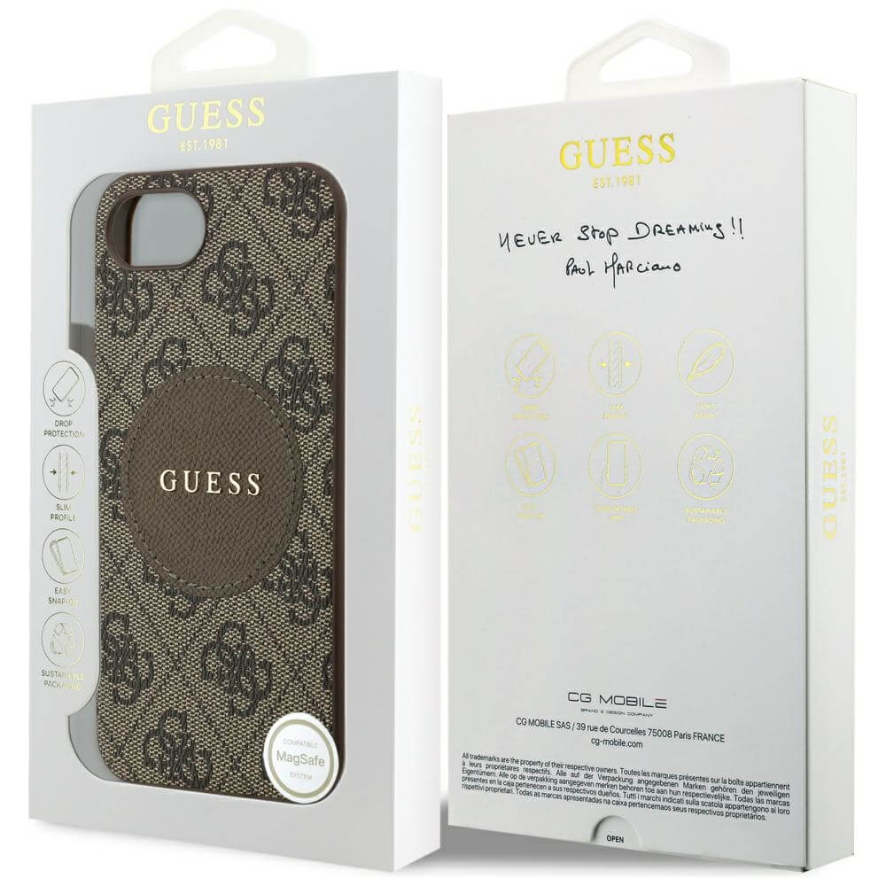 Guess iPhone 16e - 4G Circle Classic Logo - MagSafe Θήκη με Επένδυση Συνθετικού Δέρματος - Brown - GUHMPSE4P4PGRSGW