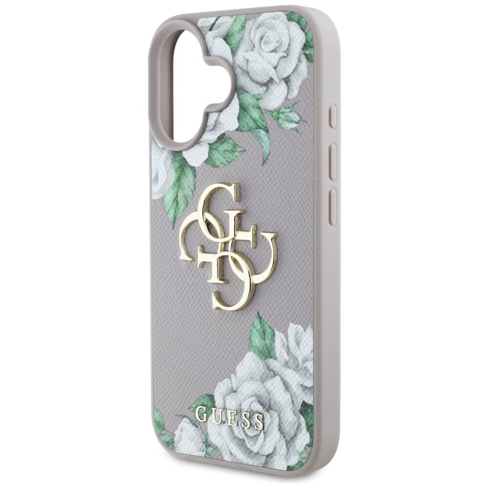 Guess iPhone 16 - Grained Roses Big 4G Logo - Σκληρή Θήκη με Επένδυση από Οικολογικό Δέρμα - Purple - GUHCP16SPGROP4MU
