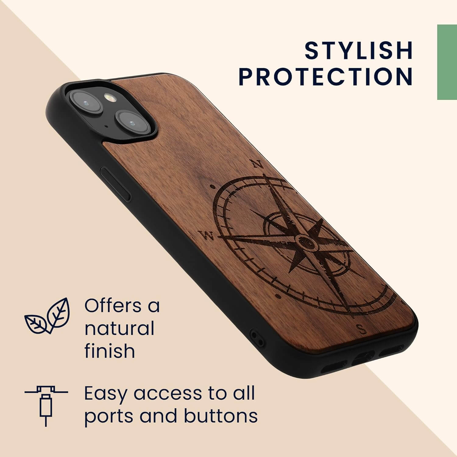 KW iPhone 15 Plus Θήκη από Φυσικό Ξύλο - Design Vintage Compass - Dark Brown - 62012.01