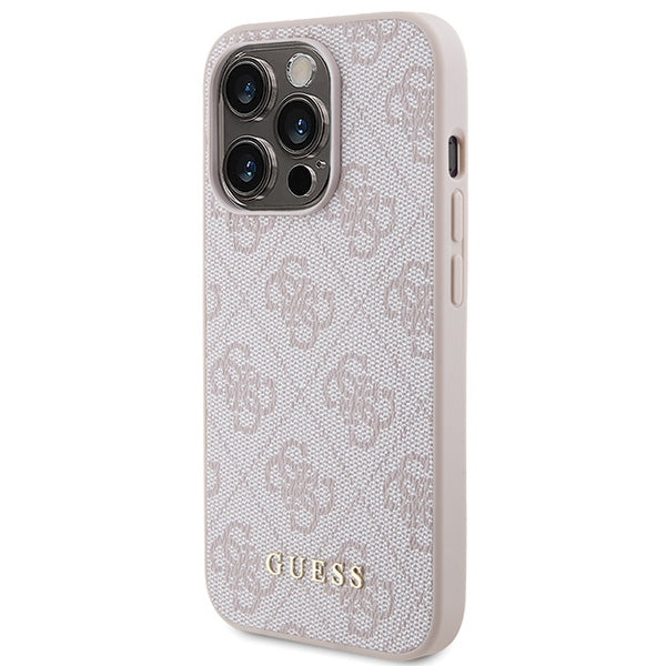 Guess iPhone 15 Pro - 4G Metal Gold Logo Σκληρή Θήκη με Επένδυση Συνθετικού Δέρματος - Pink - GUHCP15LG4GFPI