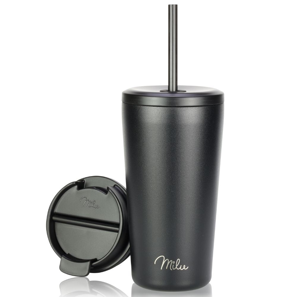 Milu T10 Κούπα Θερμός Από Ανοξείδωτο Ατσάλι με 2 Καπάκια και 2 Καλαμάκια - 100% Στεγανή - 500 ml - Black - 1372