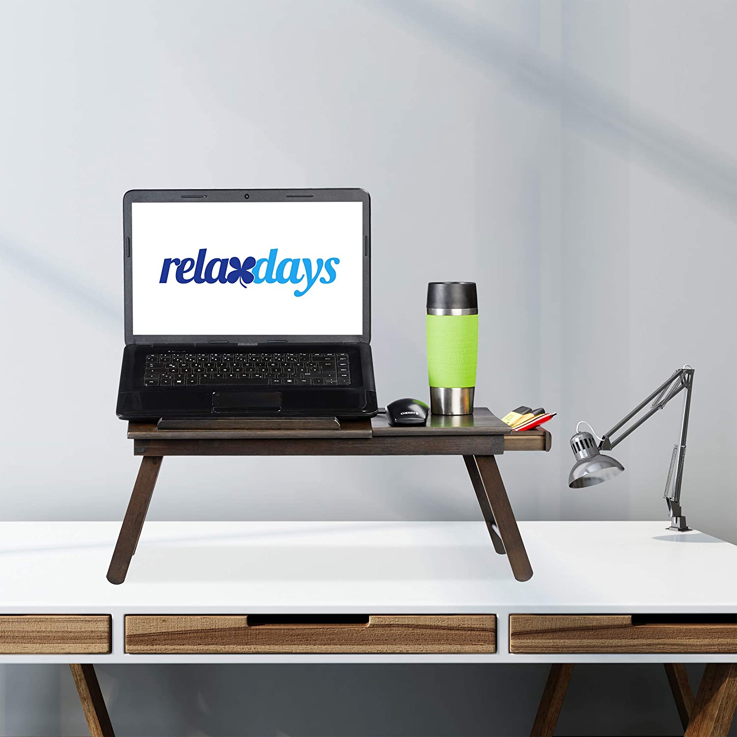 Relaxdays Bamboo Τραπεζάκι Κρεβατιού με Ρυθμιζόμενο Ύψος για Φορητό Υπολογιστή με Βάση για Ποτήρι - Dark Brown - 4052025232436