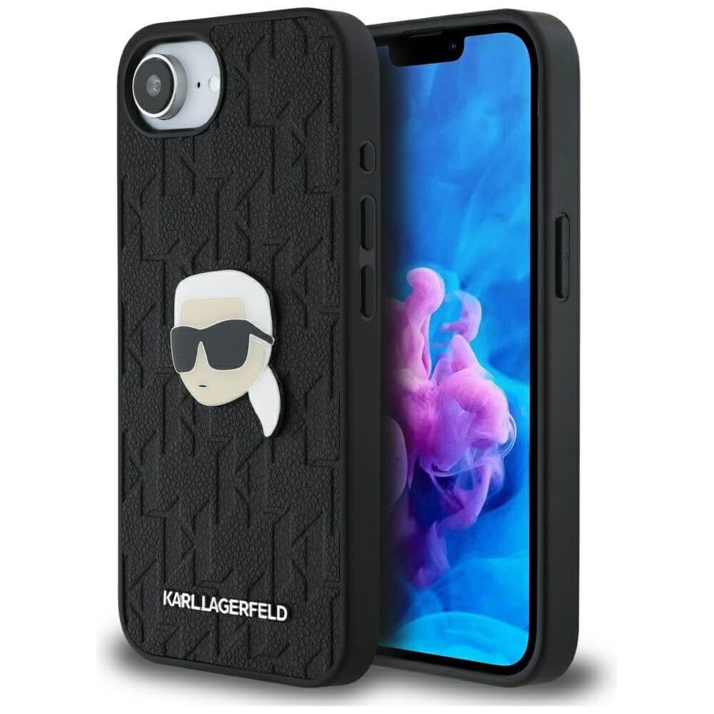Karl Lagerfeld iPhone 16e - Monogram Karl Head Pin Σκληρή Θήκη με Επένδυση Συνθετικού Δέρματος - Black - KLHCPSE4PGKLKIPK - likebrands.gr