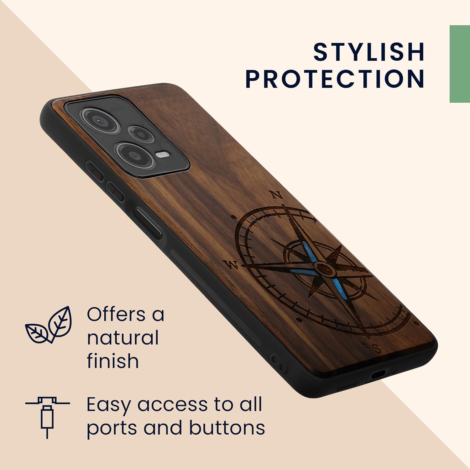 KW Xiaomi Redmi Note 12 Pro Θήκη από Φυσικό Ξύλο - Design Navigational Compass Mother of Pearl - Dark Brown