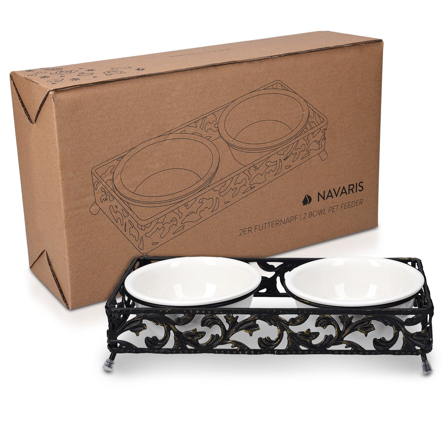 Navaris Ceramic Pet Bowl Set of 2 - Σετ με 2 Μπολ Φαγητού και Νερού με Μεταλλική Βάση για Κατοικίδια - 190ml - 50175.01