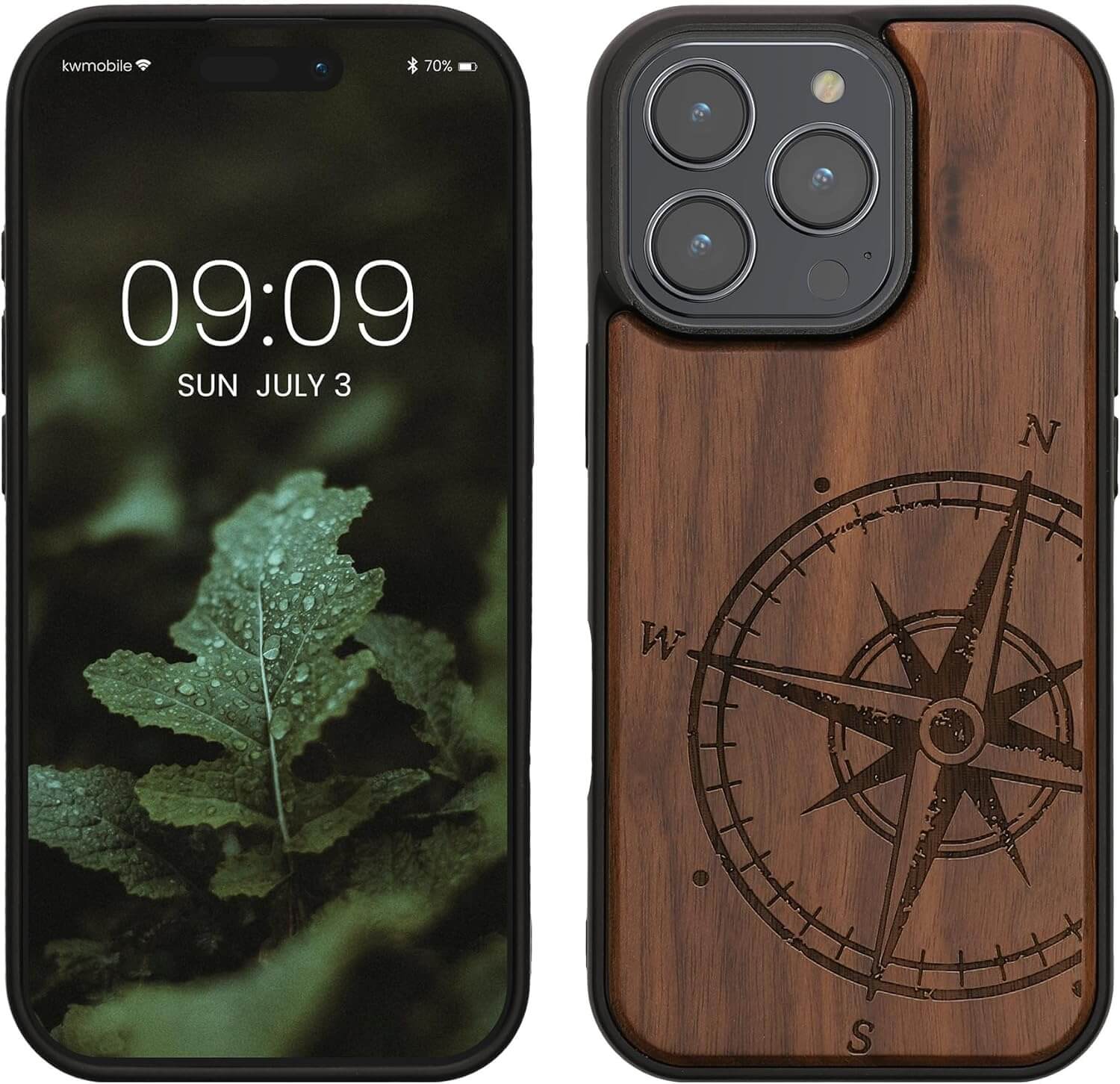 KW iPhone 16 Pro Θήκη από Φυσικό Ξύλο - Design Vintage Compass - Dark Brown