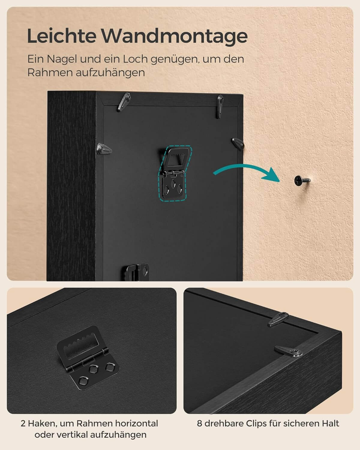 Songmics Ξύλινη Κορνίζα με Σχοινί, Κλιπ και Πινέζες - 22.5 x 4 x 27.5 cm - Black - RPF007B02