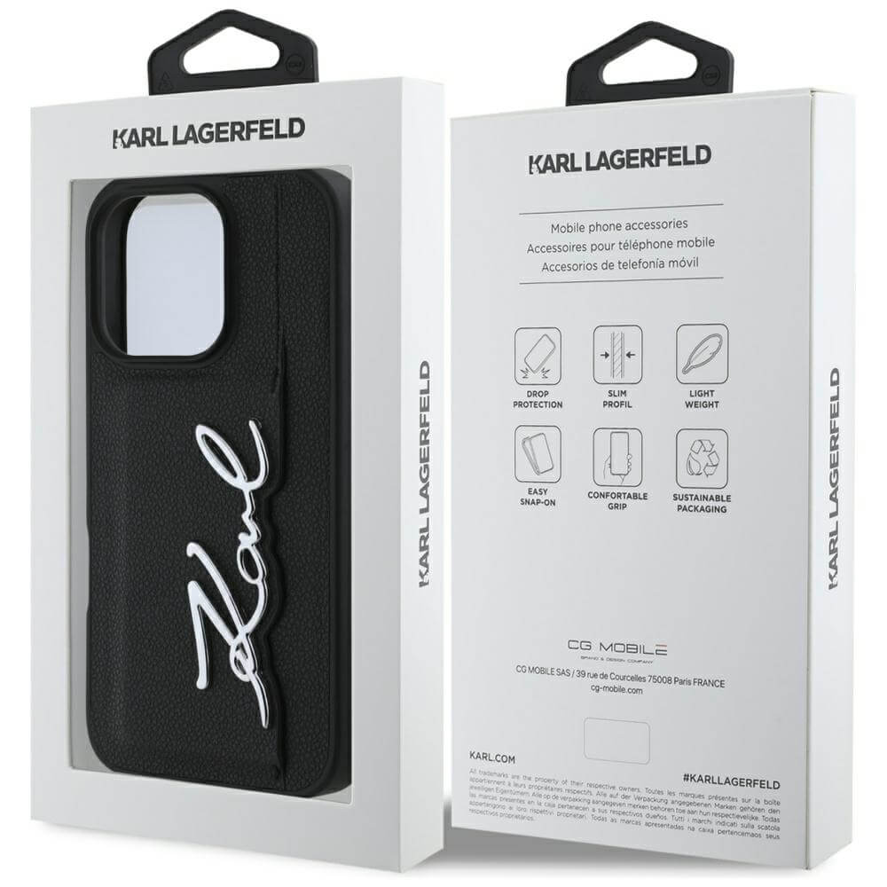 Karl Lagerfeld iPhone 16 Pro - HC Grained PU Cardslot Metal Signature - Σκληρή Θήκη με Επένδυση Συνθετικού Δέρματος και Υποδοχή για Κάρτες - Black - KLHCP16LPGPVKSK