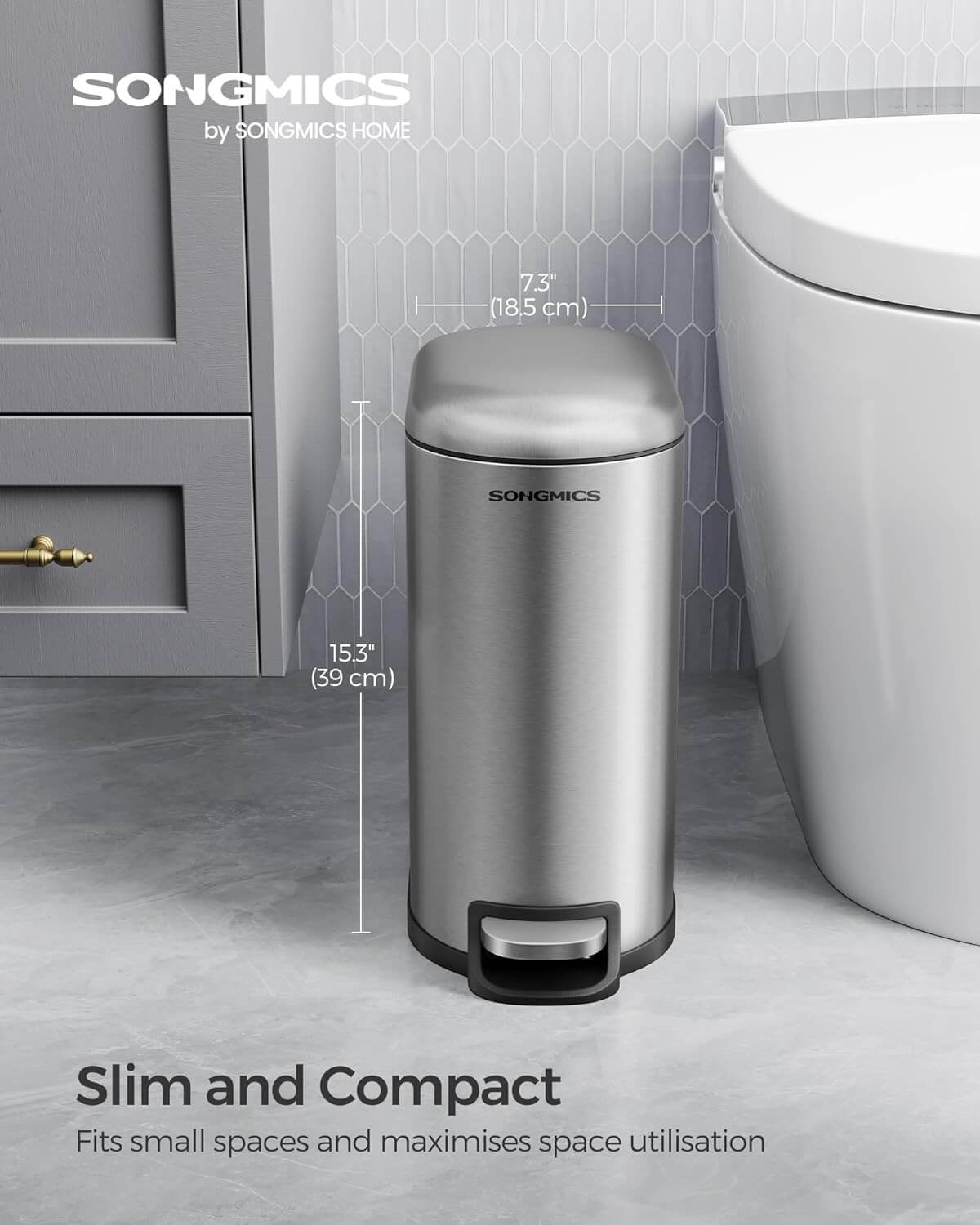 Songmics Κάδος Απορριμμάτων για το Μπάνιο - 10L - Silver - LTB10NL