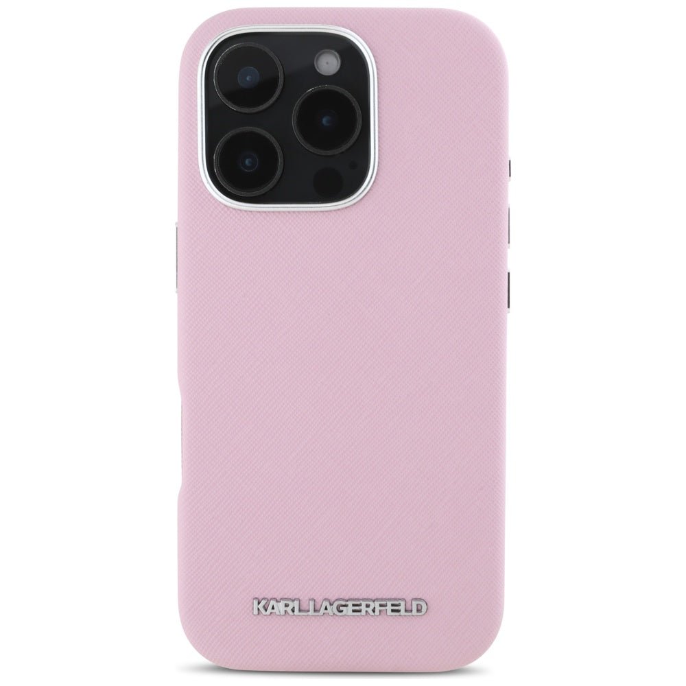 Karl Lagerfeld iPhone 16 Pro - Saffiano Full Wrapped Elongated Metal Logo - MagSafe Σκληρή Θήκη με Επένδυση Συνθετικού Δέρματος και Πλαίσιο Σιλικόνης - Pink - KLHMP16LPSAFWMCP