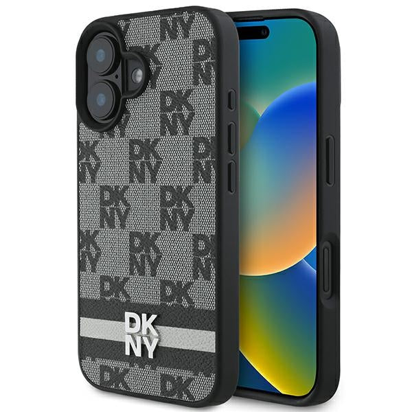 DKNY iPhone 16 - Checkered Pattern and Printed Stripes - Σκληρή Θήκη με Επένδυση Συνθετικού Δέρματος - Black