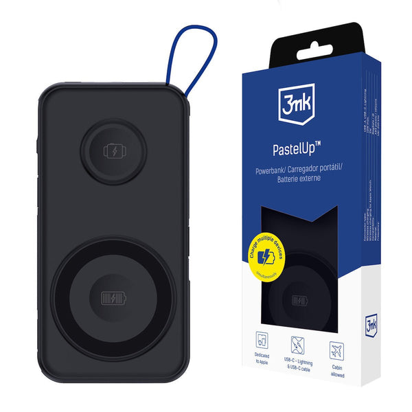 3MK PowerBank PastelUp 10000mAh 22.5W με 1 Θύρα USB / 1 Θύρα Type - C / 1 Ενσωματωμένο Καλώδιο Type - C και 1 Καλώδιο Type - C to Lightning - Black