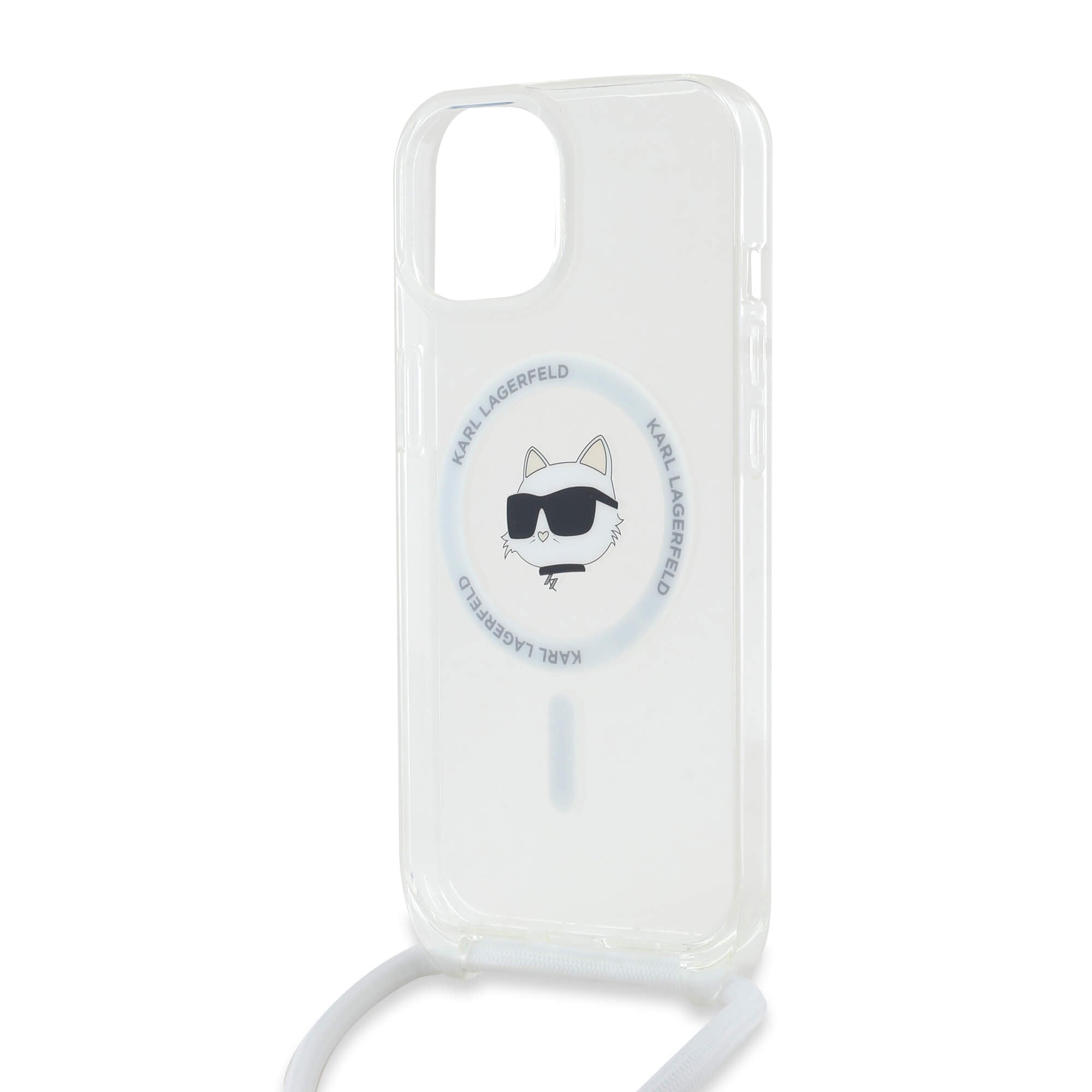 Karl Lagerfeld iPhone 15 / 14 / 13 - IML Choupette Head and Cord - MagSafe Σκληρή Θήκη με Πλαίσιο Σιλικόνης και Λουράκι - Διάφανη - KLHMP13MHCCHNT