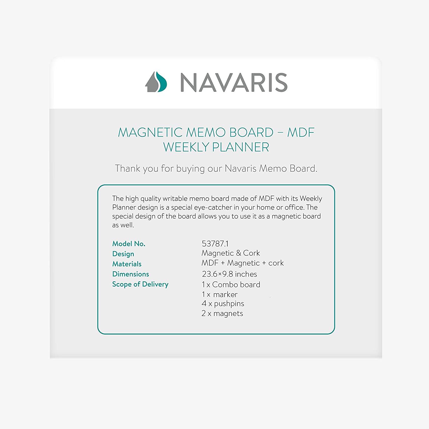 Navaris Combination Board 3 in 1 - Πίνακας 3 σε 1 με Μαυροπίνακα - Φελλό - Μαγνητικό Πίνακα 60 x 25cm - Multicolour - 53787.1
