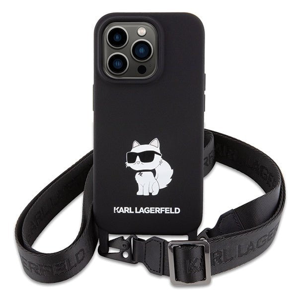 Karl Lagerfeld iPhone 15 Pro Crossbody Silicone Choupette Σκληρή Θήκη με Πλαίσιο Σιλικόνης και Λουράκι - Black - KLHCP15LSCBSCNK