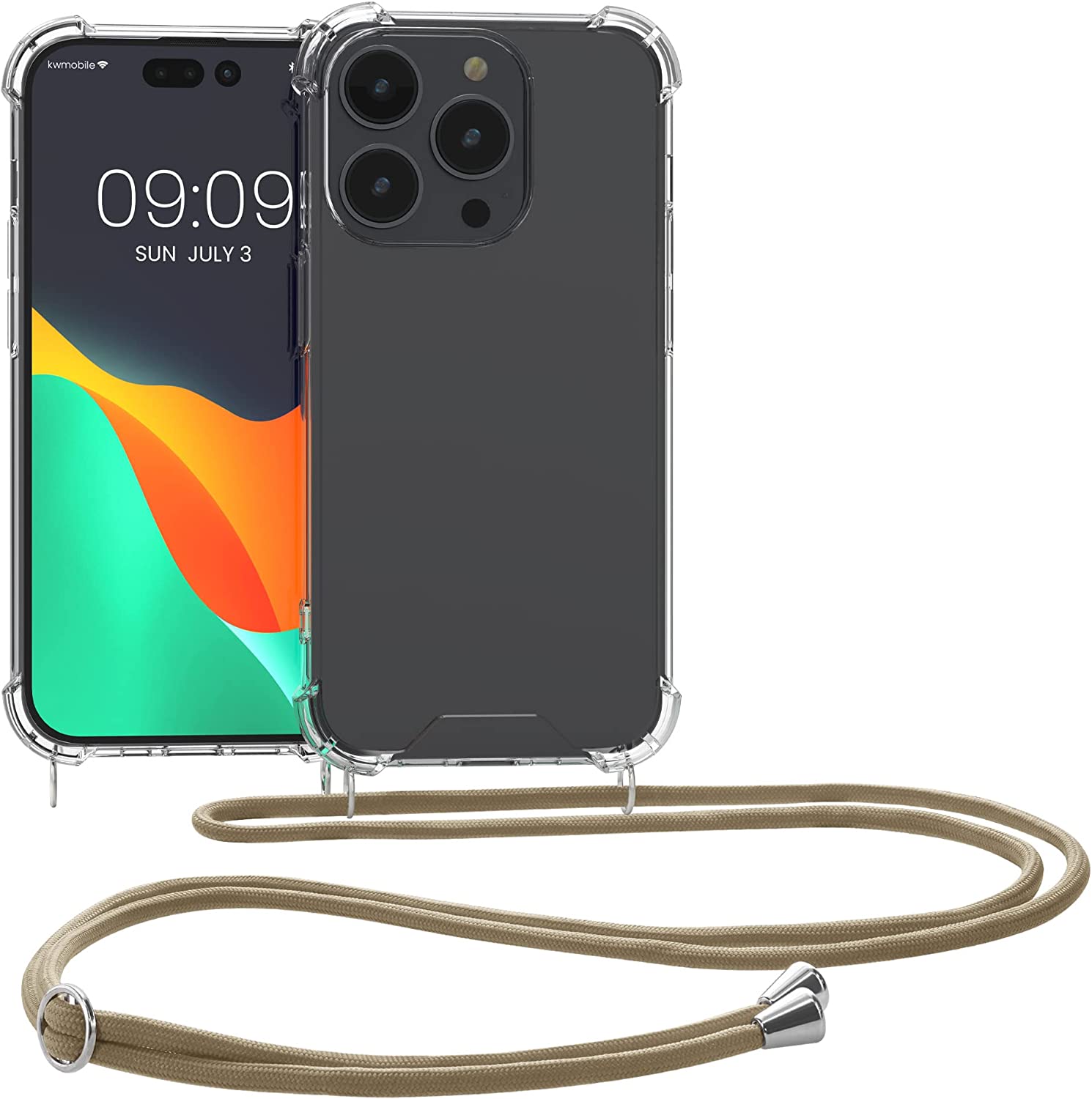 KW iPhone 14 Pro Θήκη Σιλικόνης TPU με Λουράκι - Διάφανη / Gold - 59110.21