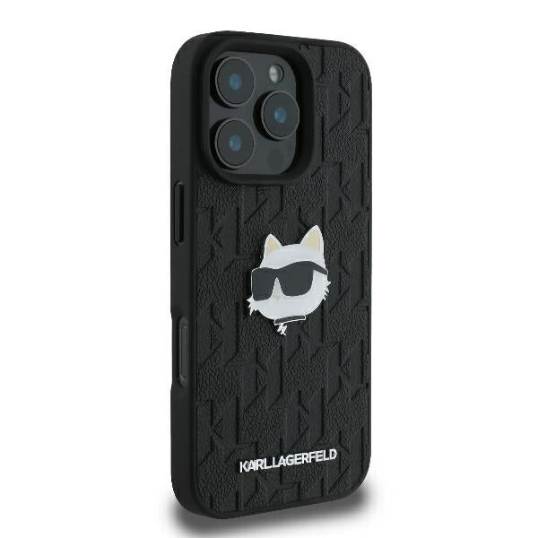 Karl Lagerfeld iPhone 16 Pro - Monogram Choupette Head Pin Σκληρή Θήκη με Επένδυση Συνθετικού Δέρματος - Black - KLHCP16LPGKLCHPK