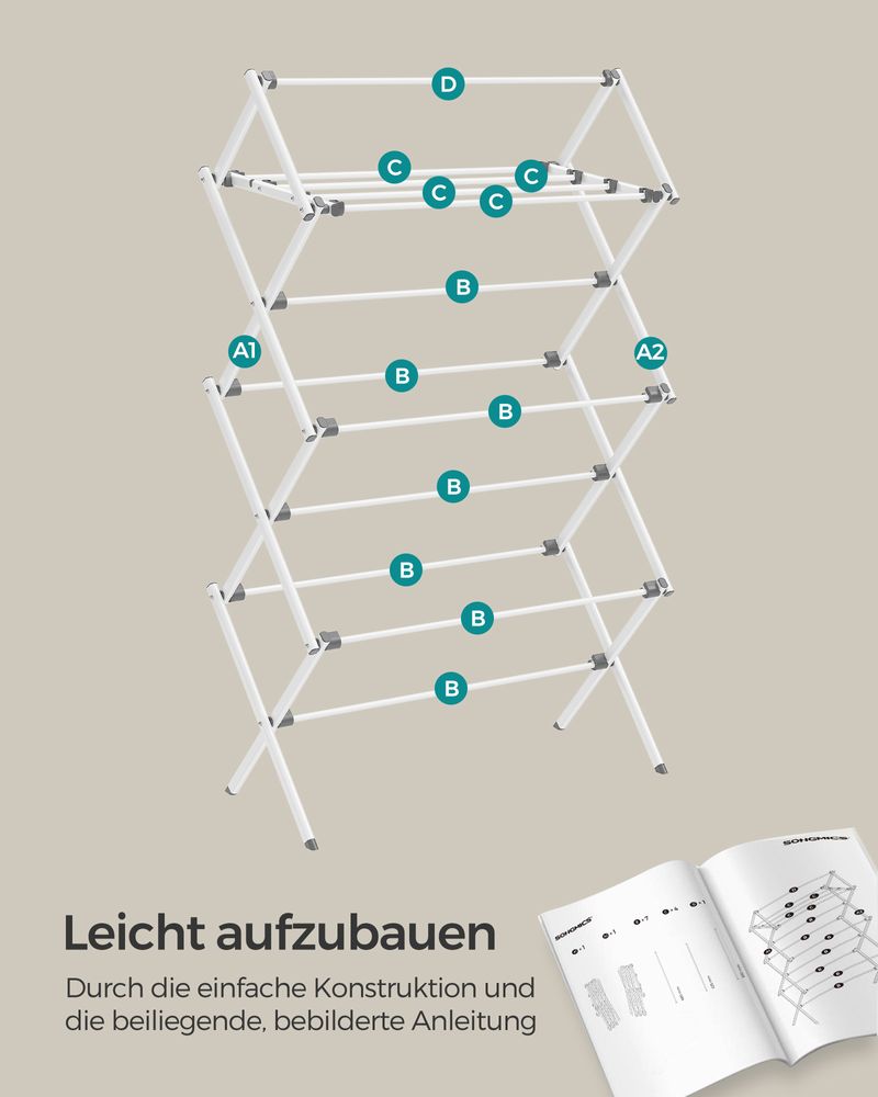 Songmics Πτυσσόμενη Μεταλλική Απλώστρα Ρούχων - 37 x 75 x 135.1 cm - White - LLR770W01