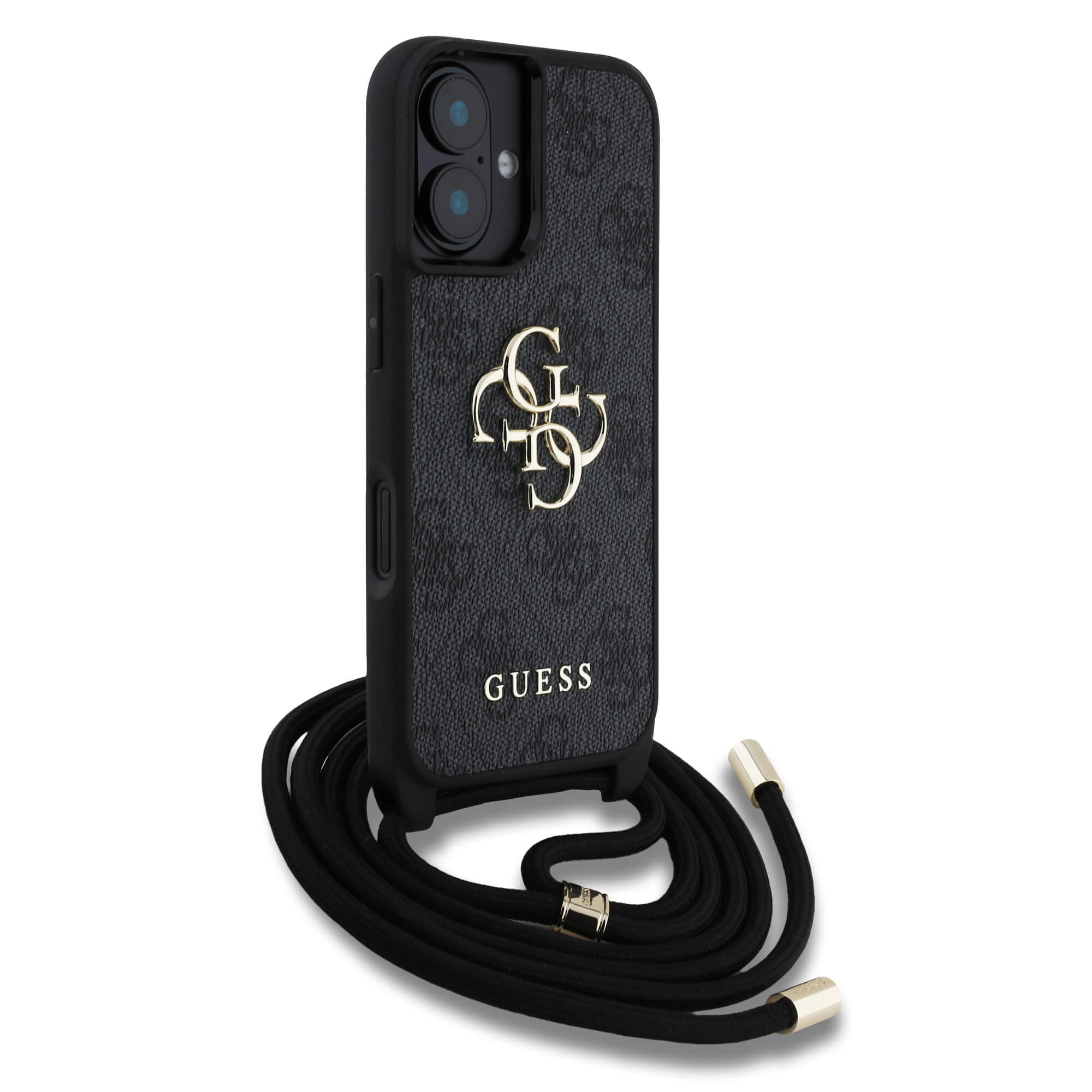 Guess iPhone 16 - 4G Big Logo Cord Stap Crossbody - Θήκη με Επένδυση Συνθετικού Δέρματος και Λουράκι - Black - GUHCP16SP4GMGCRK