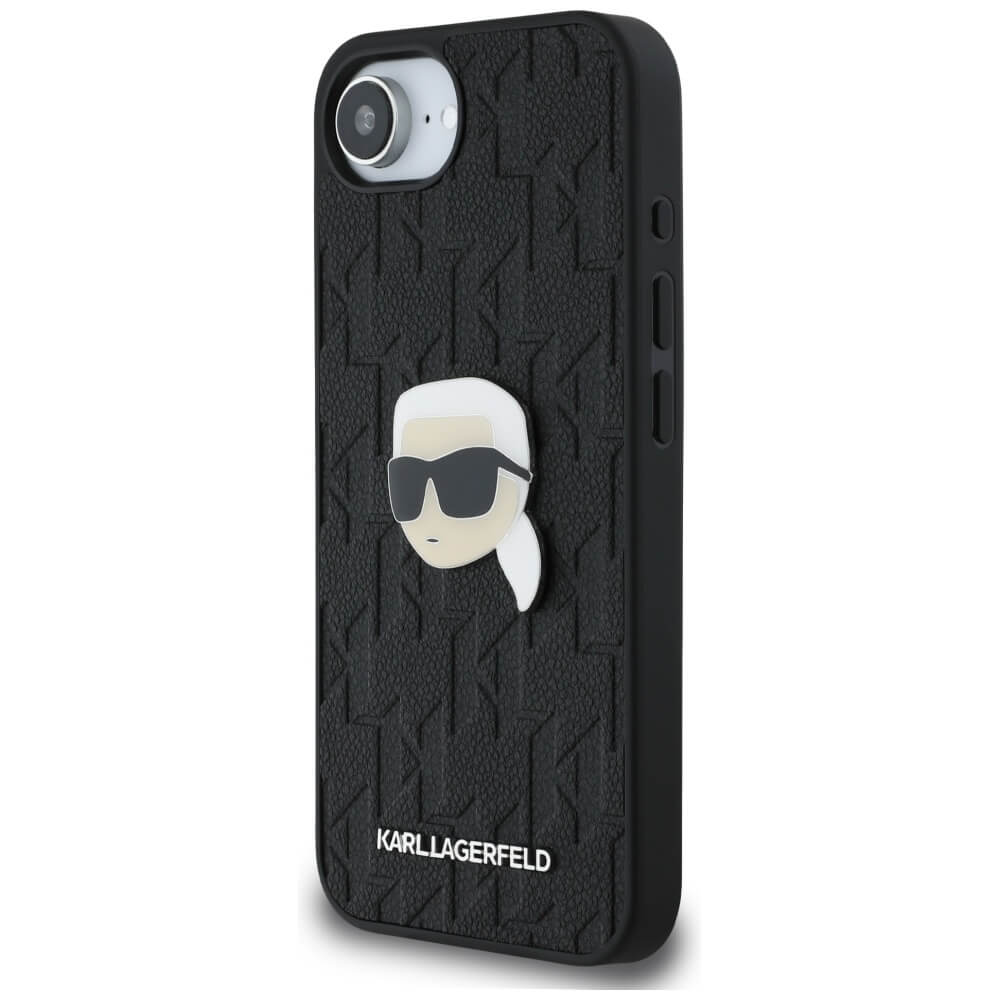 Karl Lagerfeld iPhone 16e - Monogram Karl Head Pin Σκληρή Θήκη με Επένδυση Συνθετικού Δέρματος - Black - KLHCPSE4PGKLKIPK - likebrands.gr