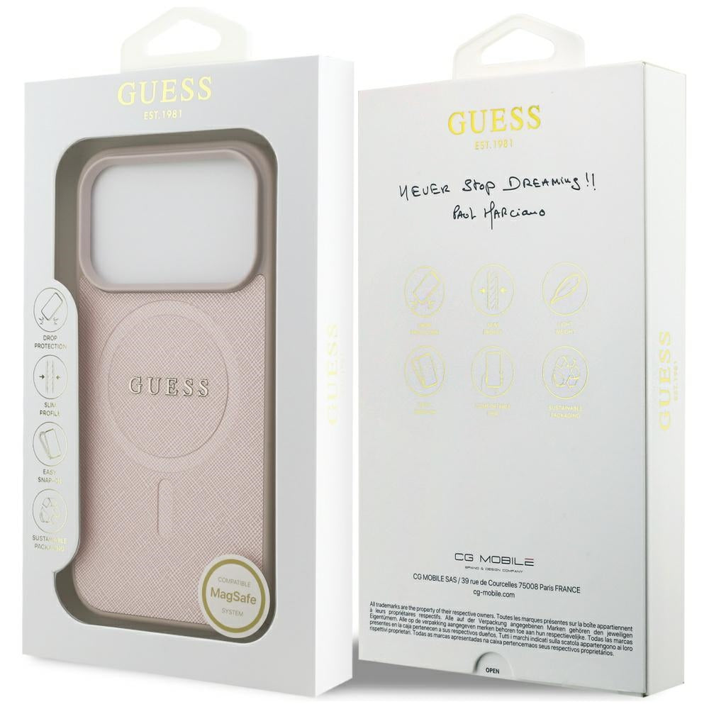 Guess iPhone 17 Pro - Saffiano Classic Logo MagSafe - Σκληρή Θήκη με Πλαίσιο Σιλικόνης και Επένδυση Οικολογικού Δέρματος - Pink - GUHMP17LPSAHMCP