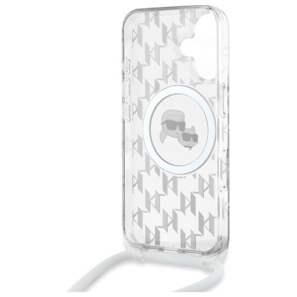 Karl Lagerfeld iPhone 16 - IML Crossbody Monogram Karl and Choupette Head - MagSafe Σκληρή Θήκη με Πλαίσιο Σιλικόνης και Λουράκι - Διάφανη - KLHMP16SHCKCKLCT