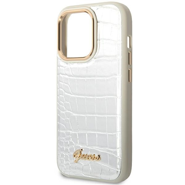 Guess iPhone 14 Pro Croco Collection Θήκη με Επένδυση Συνθετικού Δέρματος - Silver - GUHCP14LHGCRHS