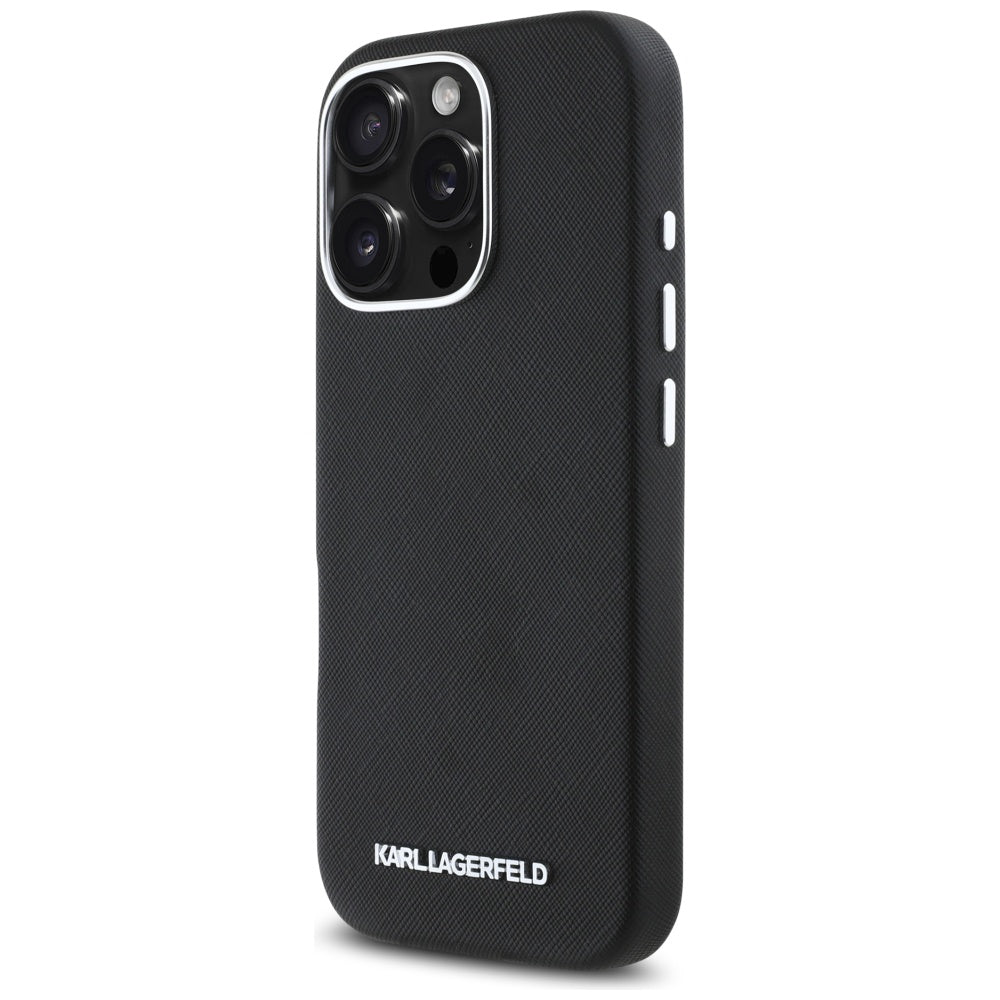 Karl Lagerfeld iPhone 16 Pro Max - Saffiano Full Wrapped Elongated Metal Logo - MagSafe Σκληρή Θήκη με Επένδυση Συνθετικού Δέρματος και Πλαίσιο Σιλικόνης - Black - KLHMP16XPSAFWMCK